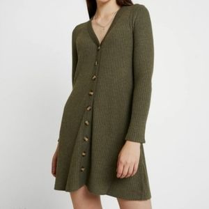 American Eagle Green Button Down Waffle Knit Dress Olive Green Size Medium